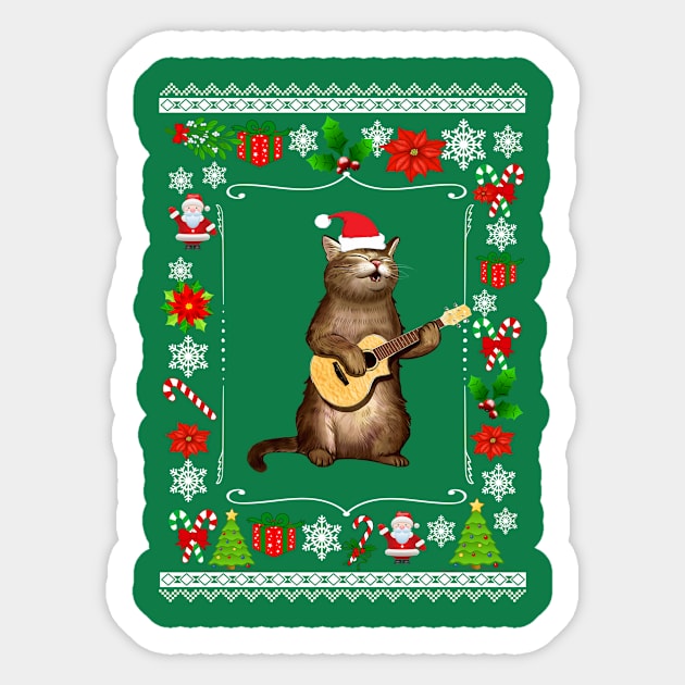 Funny xmas ugly Gifts for cat lovers owners playing ukele Sticker by AwesomePrintableArt